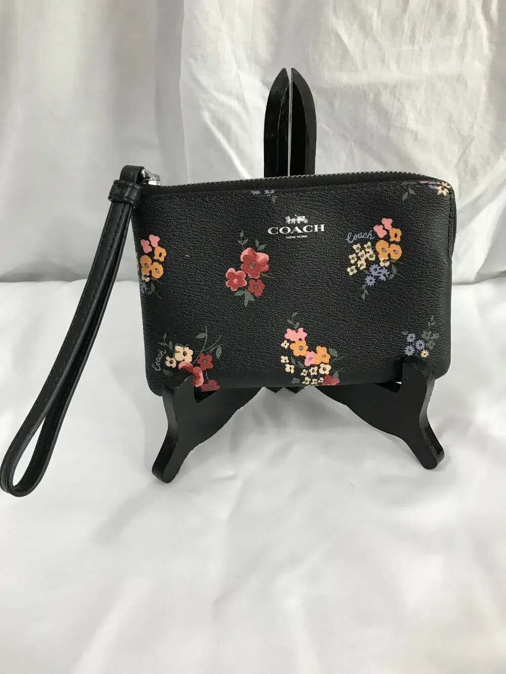 Coach Corner Zip PVC Leather Wild Flower Black Multi Wristlet